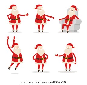 Santa Claus gestures set, elderly man with long white beard and moustache raising hands, stretching arms, sitting in armchair vector illustration
