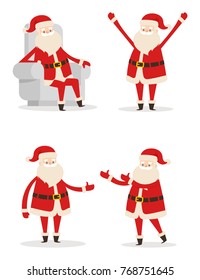 Santa Claus gestures set, elderly man with long white beard and moustache raising hands, stretching arms, sitting in armchair vector illustration