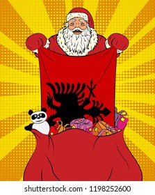 Santa Claus gets national flag of Albania out of the bag with toys in pop art style. Illustration of the new year in pop art style