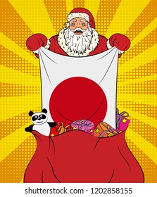 Santa Claus gets national flag of Japan out of the bag with toys in pop art style. Illustration of new year in pop art style