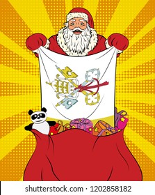 Santa Claus gets national flag of Vatican City out of the bag with toys in pop art style. Illustration of new year in pop art style