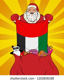 Santa Claus gets national flag of United Arab Emirates out of the bag with toys in pop art style. Illustration of new year in pop art style