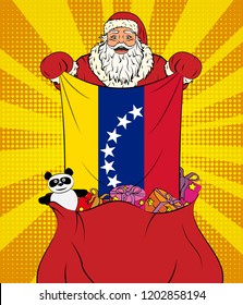 Santa Claus gets national flag of Venezuela out of the bag with toys in pop art style. Illustration of new year in pop art style