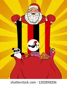 Santa Claus gets national flag of Uganda out of the bag with toys in pop art style. Illustration of new year in pop art style