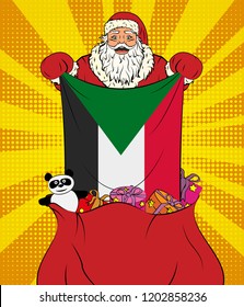 Santa Claus gets national flag of Sudan out of the bag with toys in pop art style. Illustration of new year in pop art style