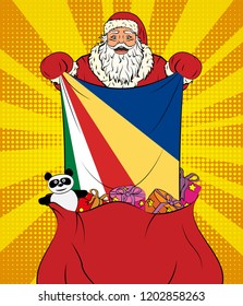Santa Claus gets national flag of Seychelles out of the bag with toys in pop art style. Illustration of new year in pop art style