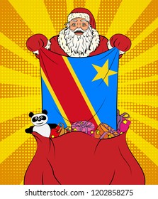 Santa Claus gets national flag of Republic of the Congo out of the bag with toys in pop art style. Illustration of new year in pop art style