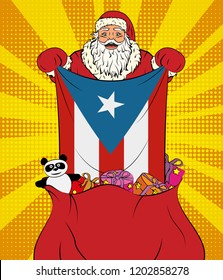 Santa Claus gets national flag of Puerto Rico out of the bag with toys in pop art style. Illustration of new year in pop art style