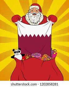 Santa Claus gets national flag of Qatar out of the bag with toys in pop art style. Illustration of new year in pop art style