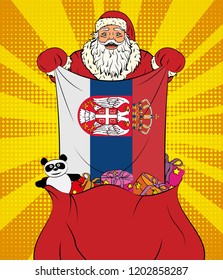 Santa Claus gets national flag of Serbia out of the bag with toys in pop art style. Illustration of new year in pop art style