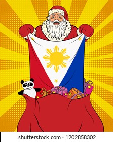 Santa Claus gets national flag of Philippines out of the bag with toys in pop art style. Illustration of new year in pop art style