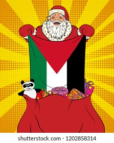 Santa Claus gets national flag of Palestine out of the bag with toys in pop art style. Illustration of new year in pop art style
