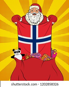 Santa Claus gets national flag of Norway out of the bag with toys in pop art style. Illustration of new year in pop art style