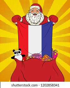 Santa Claus gets national flag of Netherlands out of the bag with toys in pop art style. Illustration of new year in pop art style