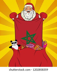 Santa Claus gets national flag of Morocco out of the bag with toys in pop art style. Illustration of new year in pop art style