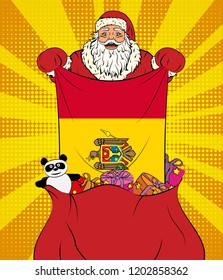 Santa Claus gets national flag of Moldova out of the bag with toys in pop art style. Illustration of new year in pop art style