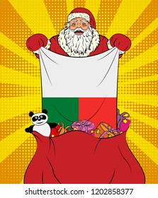 Santa Claus gets national flag of Madagascar out of the bag with toys in pop art style. Illustration of new year in pop art style