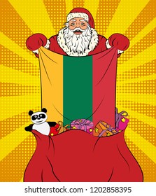 Santa Claus gets national flag of Lithuania out of the bag with toys in pop art style. Illustration of new year in pop art style