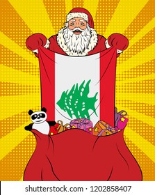 Santa Claus gets national flag of Lebanon out of the bag with toys in pop art style. Illustration of new year in pop art style