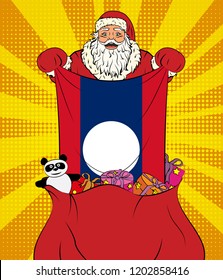 Santa Claus gets national flag of Laos out of the bag with toys in pop art style. Illustration of new year in pop art style