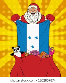 Santa Claus gets national flag of Honduras out of the bag with toys in pop art style. Illustration of new year in pop art style