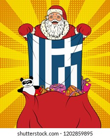 Santa Claus gets national flag of Greece out of the bag with toys in pop art style. Illustration of new year in pop art style