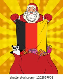 Santa Claus gets national flag of Germany out of the bag with toys in pop art style. Illustration of new year in pop art style