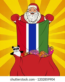 Santa Claus gets national flag of Gambia out of the bag with toys in pop art style. Illustration of new year in pop art style