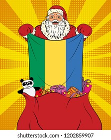 Santa Claus gets national flag of Gabon out of the bag with toys in pop art style. Illustration of new year in pop art style