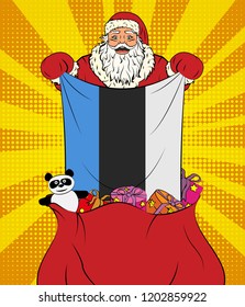 Santa Claus gets national flag of Estonia out of the bag with toys in pop art style. Illustration of new year in pop art style