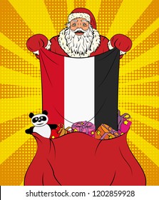 Santa Claus gets national flag of Egypt out of the bag with toys in pop art style. Illustration of new year in pop art style
