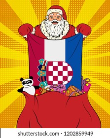 Santa Claus gets national flag of Croatia out of the bag with toys in pop art style. Illustration of new year in pop art style