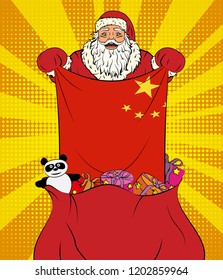 Santa Claus gets national flag of China out of the bag with toys in pop art style. Illustration of new year in pop art style