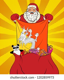 Santa Claus gets national flag of Bhutan out of the bag with toys in pop art style. Illustration of new year in pop art style