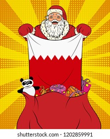 Santa Claus gets national flag of Bahrain out of the bag with toys in pop art style. Illustration of new year in pop art style