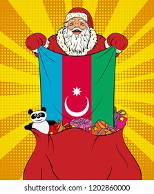 Santa Claus gets national flag of Azerbaijan out of the bag with toys in pop art style. Illustration of new year in pop art style