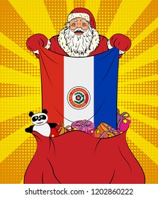 Santa Claus gets national flag of Paraguay out of the bag with toys in pop art style. Illustration of new year in pop art style