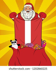 Santa Claus gets national flag of Denmark out of the bag with toys in pop art style. Illustration of new year in pop art style