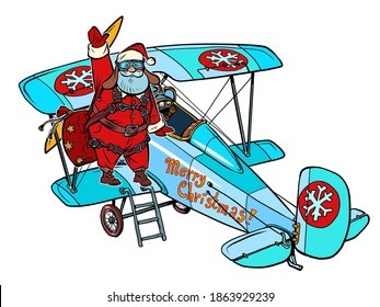 Santa Claus gets on a retro plane. Christmas story. White isolated background. Cartoon comics hand drawing illustration retro style