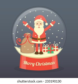 Santa Claus with gift bag and gift boxes in snow globe on dark background. vector.
