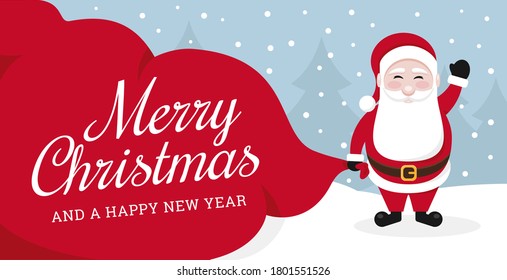Santa Claus with gift bag. Christmas card vector background.
