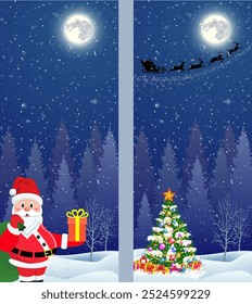 Papai Noel com saco de presente e árvore de Natal com giftbox, no fundo do céu noturno com lua e a silhueta do Papai Noel voando em um trenó . Banners verticais de ilustração vetorial