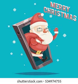 Santa Claus Gift Bag Christmas New Year Greating Gift Card Mobile Phone Cartoon Design Vector Illustration