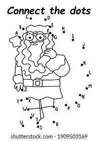 Santa Claus with gift bag dot-to-dot game stock vector illustration. Funny educational game with English alphabet. Connect dots from A to B, from B to C, and so on and color the picture. One of series