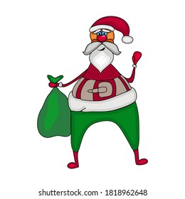 Santa Claus with gift bag isolated on white background. Santa Claus with a raised right hand. Christmas and New Year greeting cards, posters, gift tags and labels design. Stock vector illustration
