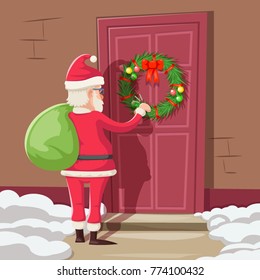 Santa Claus Gift Bag Knock Christmas New Year Decoration Door Vintage Cartoon Vector Illustration