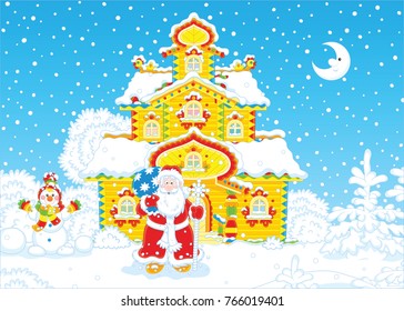 Santa Claus with a gift bag and a magical staff in front of his house