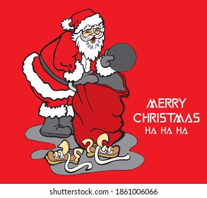 Santa Claus with gift bag. Merry Christmas, Santa Claus with red background