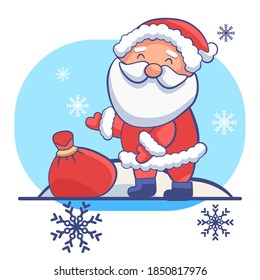 Santa Claus with gift bag on white isolated backdrop. Christmas postcard for invitation or gift card, notebook, bath tile, scrapbook. Phone case or cloth print. Flat style stock vector illustration
