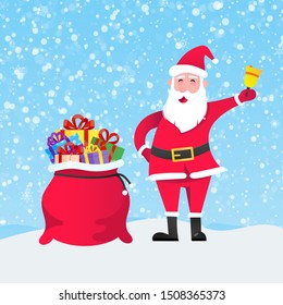 Santa Claus with gift bag and present gifts standing up with falling snow flat style design vector illustration. Merry christmas and happy new year symbols.